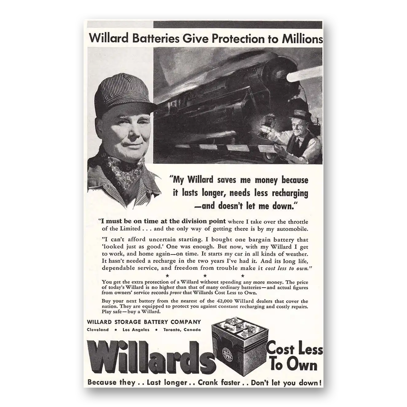 1937 Willard Storage Battery Gives Protection to Millions Vintage Magazine Print Ad