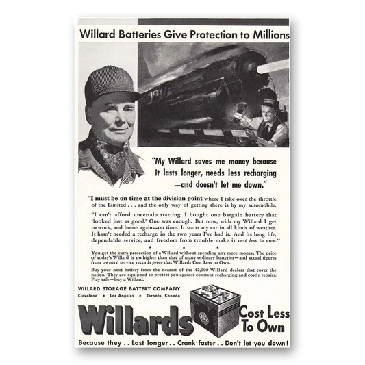 1937 Willard Storage Battery Gives Protection to Millions Vintage Magazine Print Ad