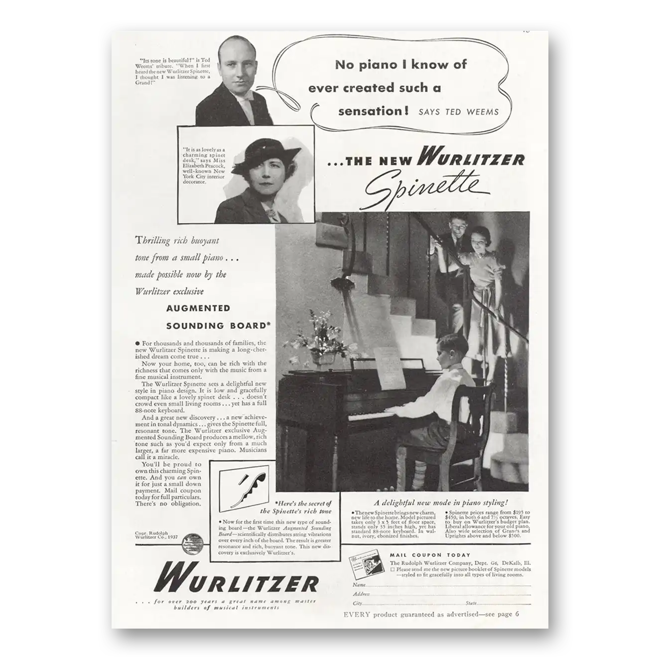 1937 Wurlitzer Organ Spinette Created Such a Sensation Ted Weems Vintage Magazine Print Ad