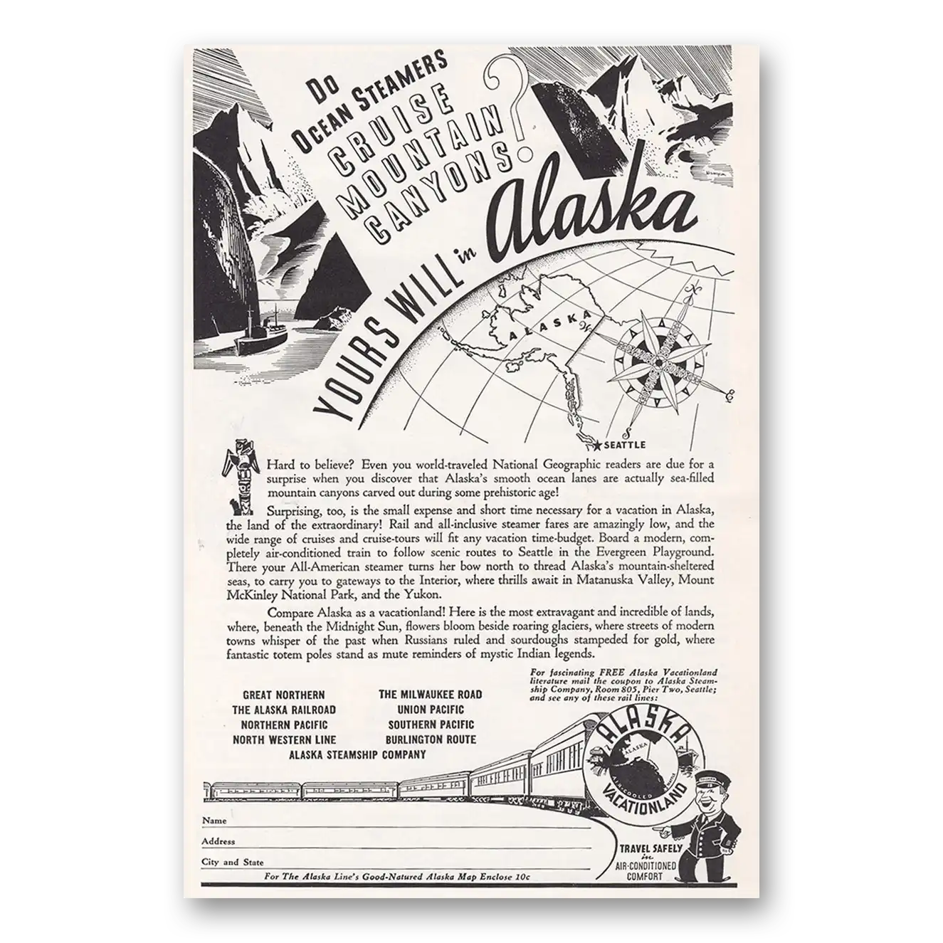 1938 Alaska Do Ocean Steamers Cruise Mountain Canyons Vintage Magazine Print Ad