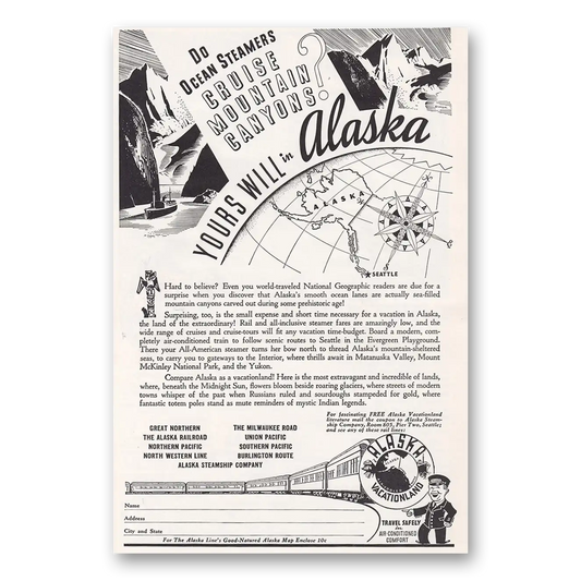 1938 Alaska Do Ocean Steamers Cruise Mountain Canyons Vintage Magazine Print Ad