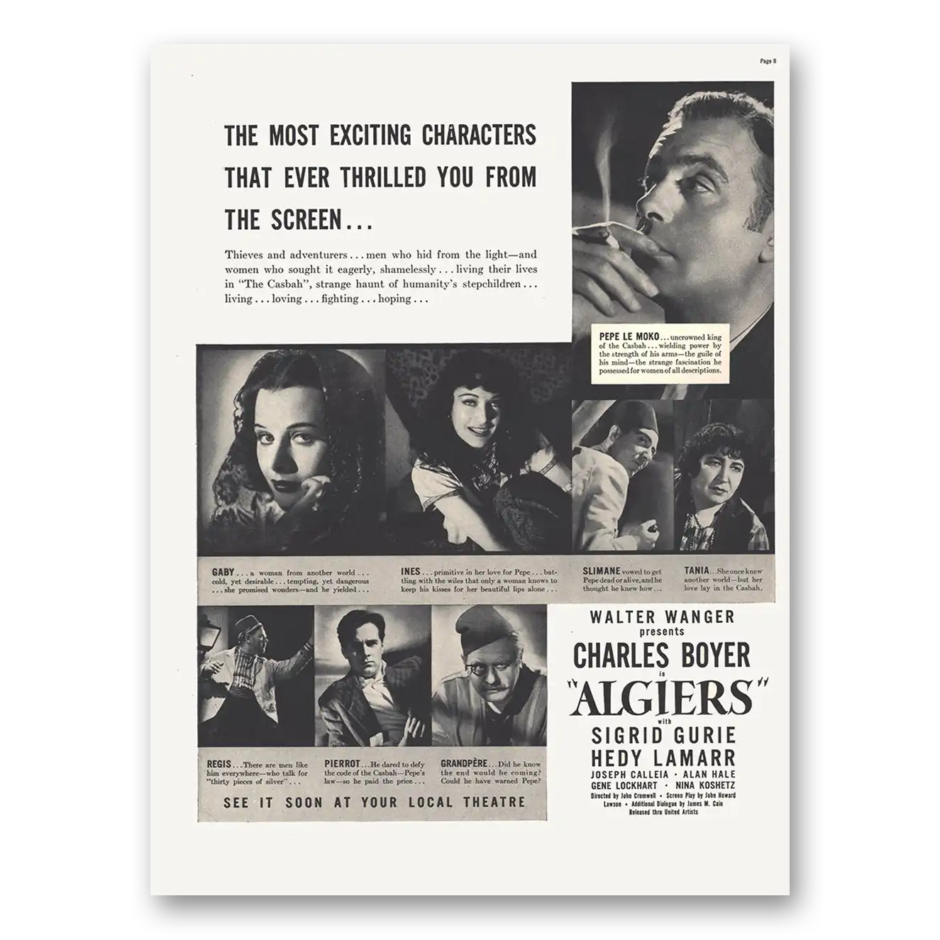 1938 Algiers Movie Promo Charles Boyer Sigrid Gurie and Hedy Lamarr Vintage Magazine Print Ad