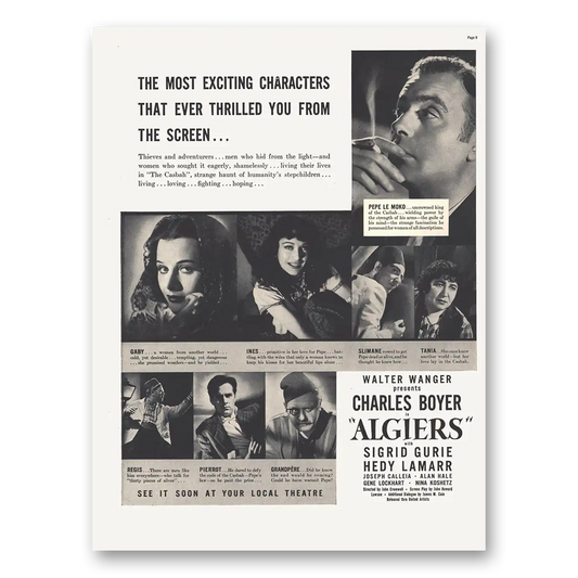 1938 Algiers Movie Promo Charles Boyer Sigrid Gurie and Hedy Lamarr Vintage Magazine Print Ad