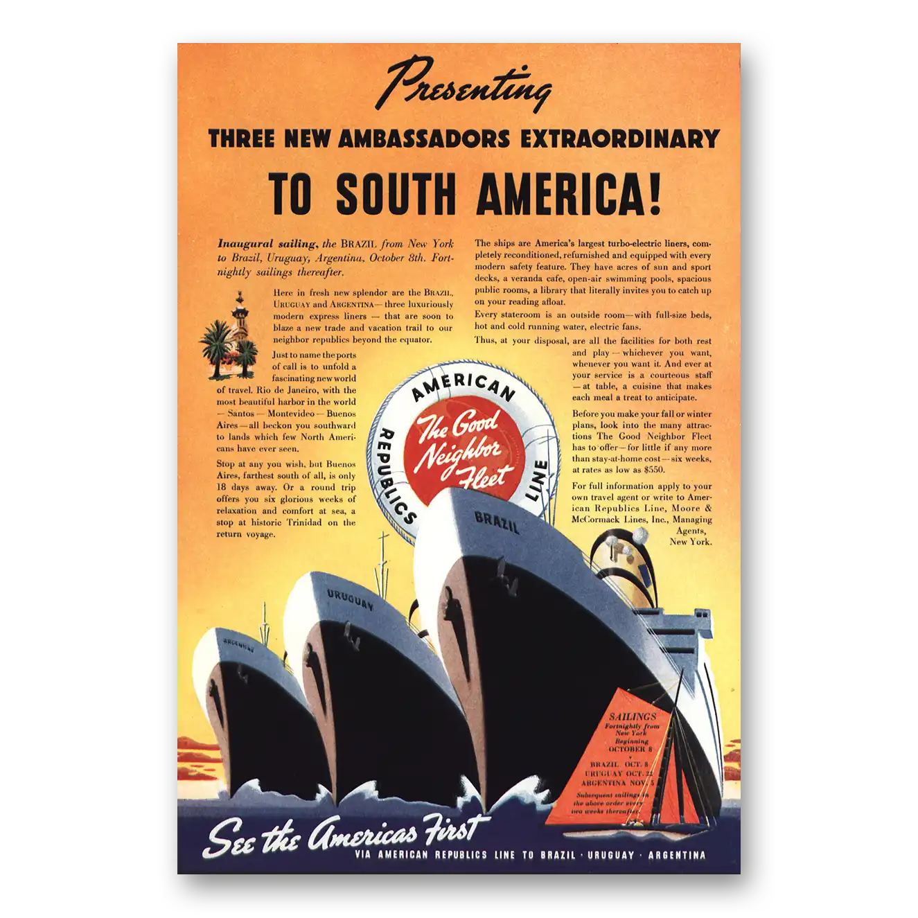 1938 American Republic Line Three New Ambassadors Vintage Magazine Print Ad