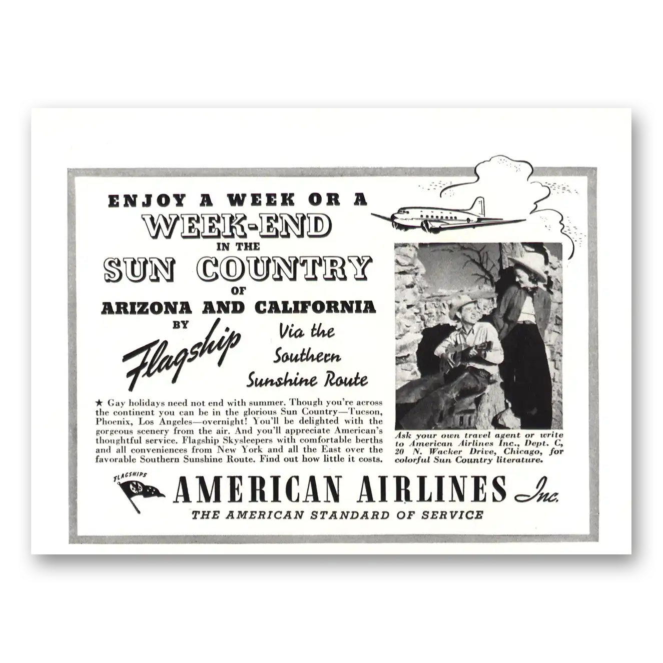 1938 American Airlines Weekend in the Sun Country Vintage Magazine Print Ad