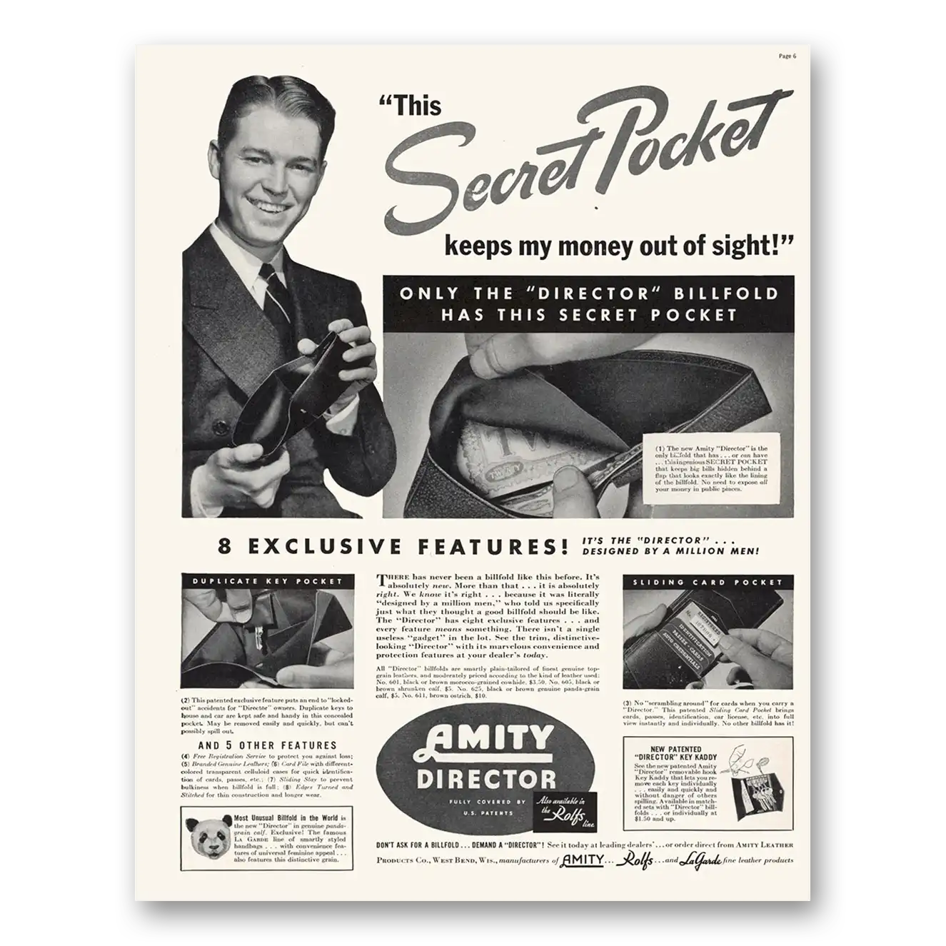 1938 Amity Leather Billfold Director Secret Pocket Keeps My Money Out of Sight Vintage Magazine Print Ad