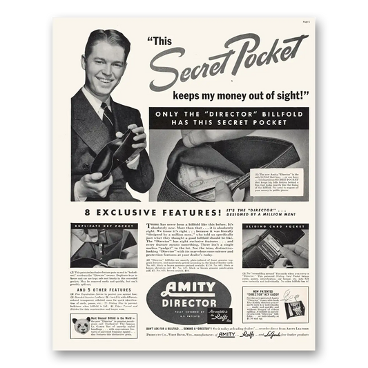 1938 Amity Leather Billfold Director Secret Pocket Keeps My Money Out of Sight Vintage Magazine Print Ad