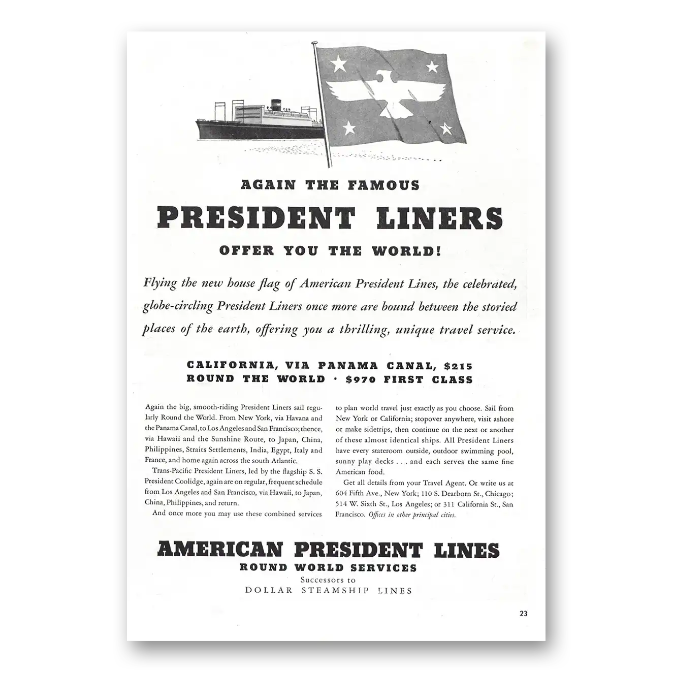 1938 American President Lines Famous President Liners Vintage Magazine Print Ad