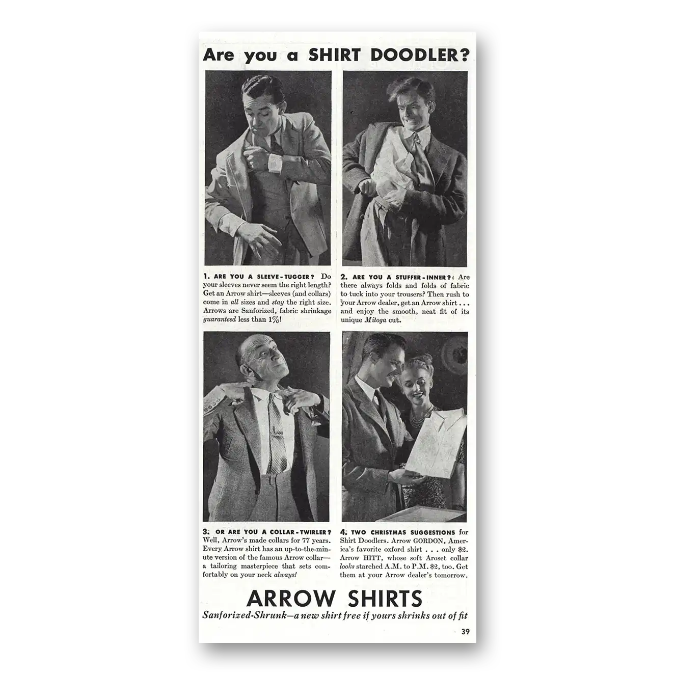 1938 Arrow Shirts Shirt Doodler Vintage Magazine Print Ad