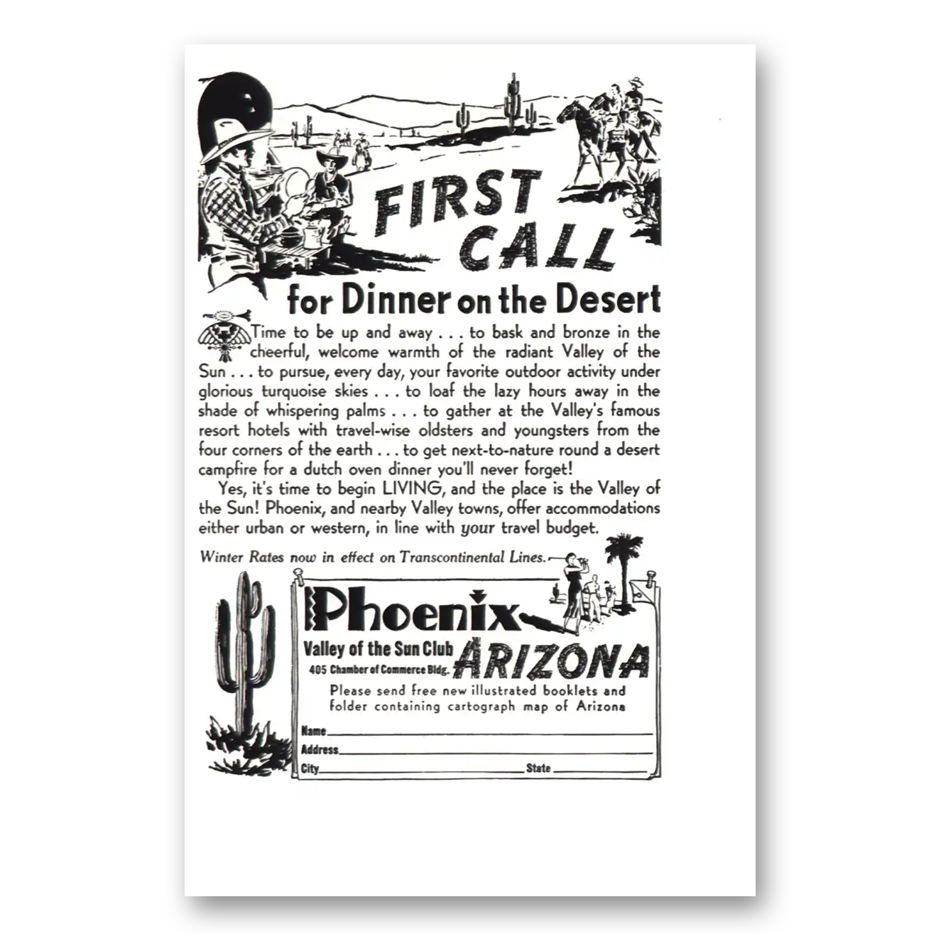 1938 Phoenix Arizona First Call for Dinner on the Desert Vintage Magazine Print Ad