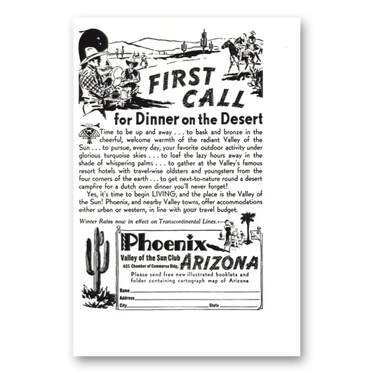 1938 Phoenix Arizona First Call for Dinner on the Desert Vintage Magazine Print Ad