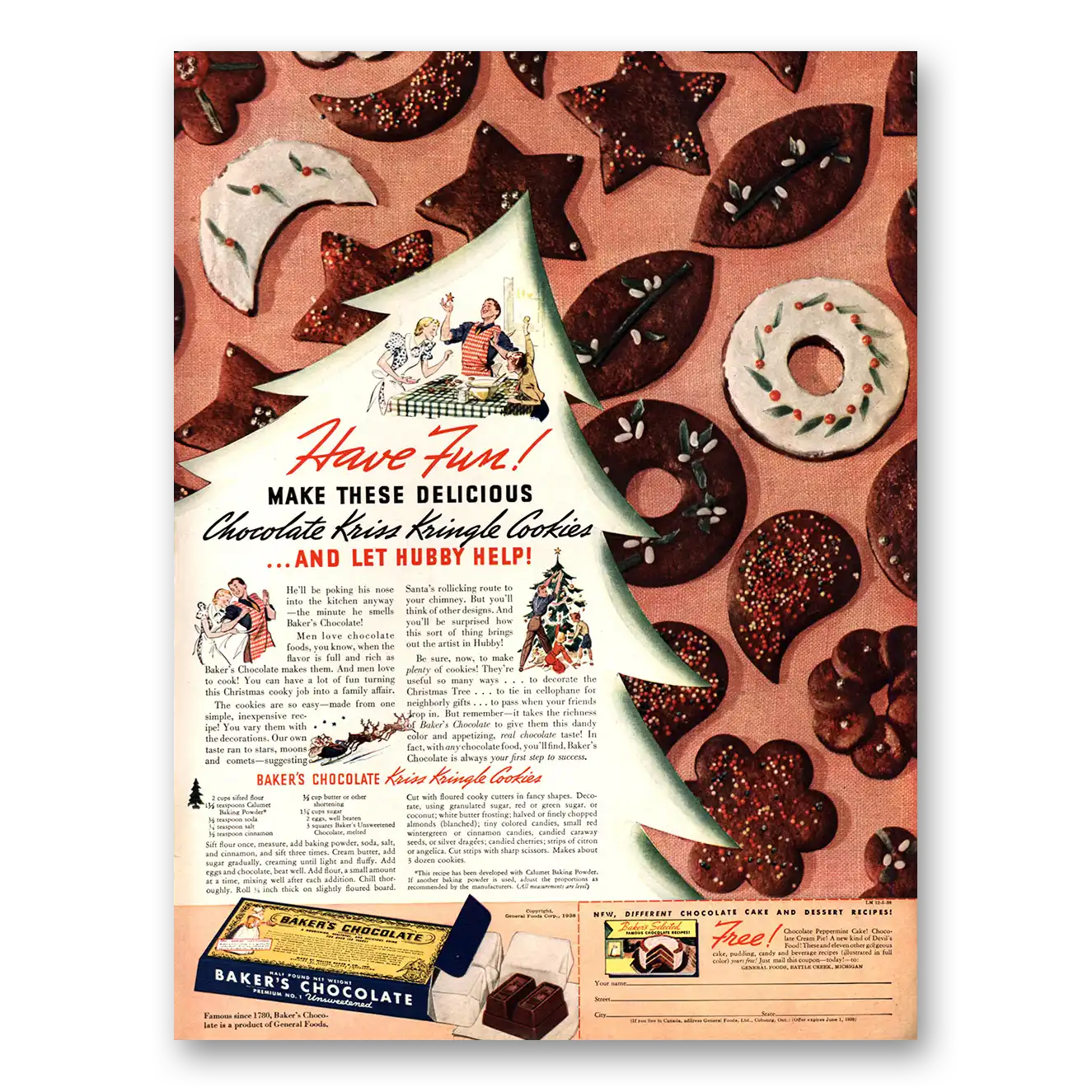 1938 Bakers Chocolate Kriss Kringle Cookies Vintage Magazine Print Ad