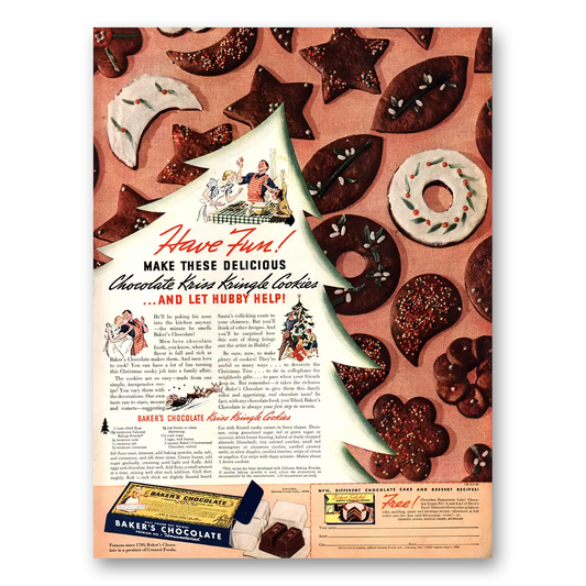 1938 Bakers Chocolate Kriss Kringle Cookies Vintage Magazine Print Ad