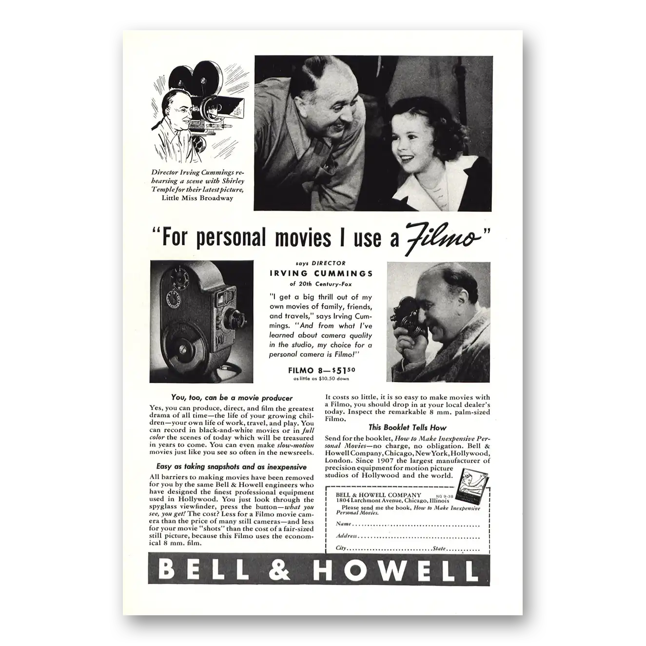 1938 Filmo Camera Shirley Temple and Irving Cummings Vintage Magazine Print Ad