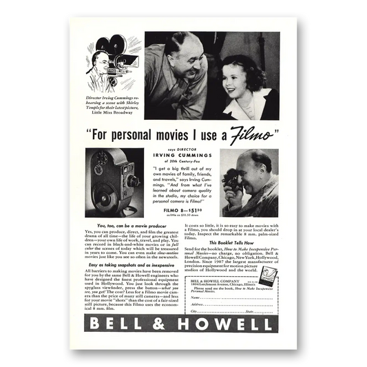 1938 Filmo Camera Shirley Temple and Irving Cummings Vintage Magazine Print Ad