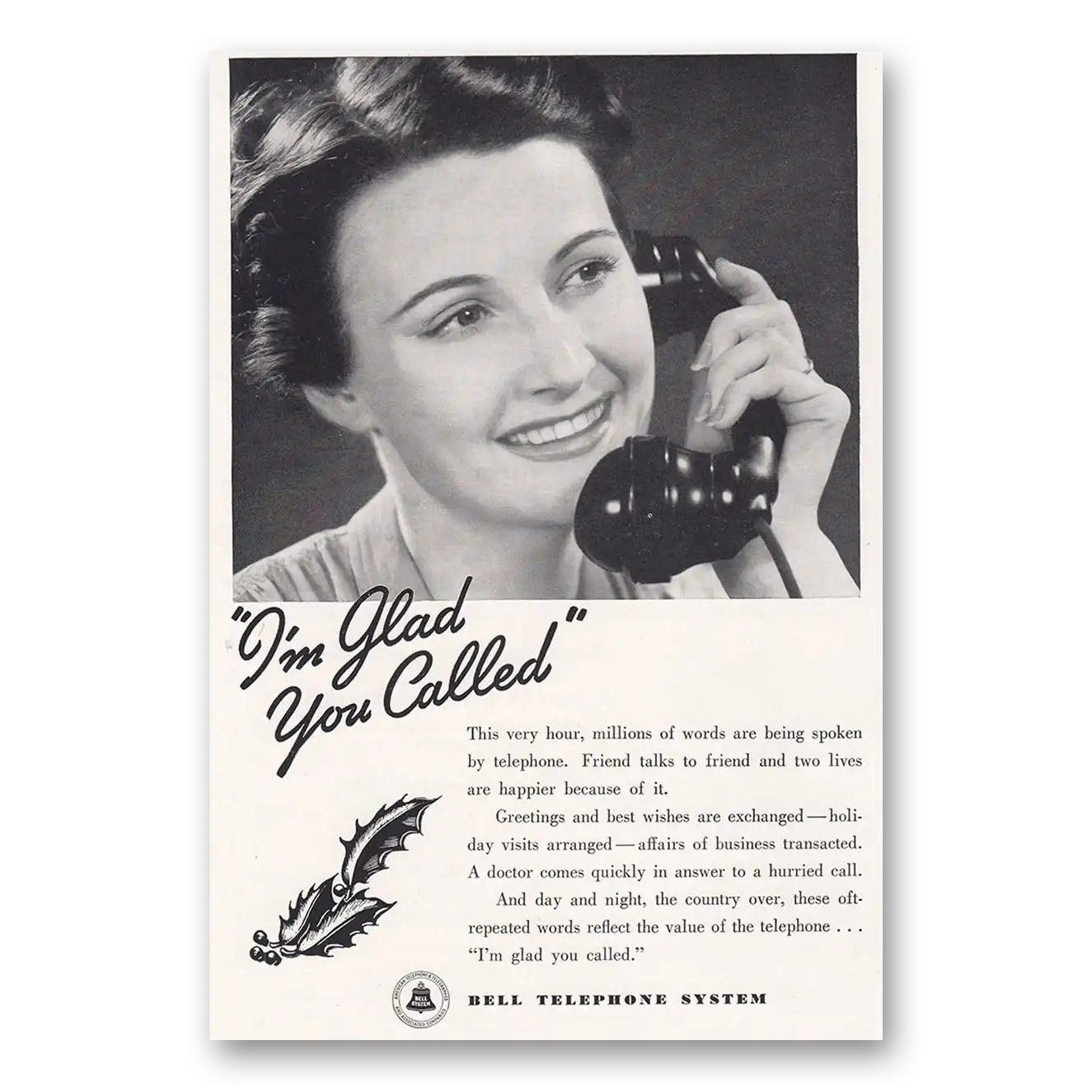 1938 Bell Telephone Glad You Called Vintage Magazine Print Ad