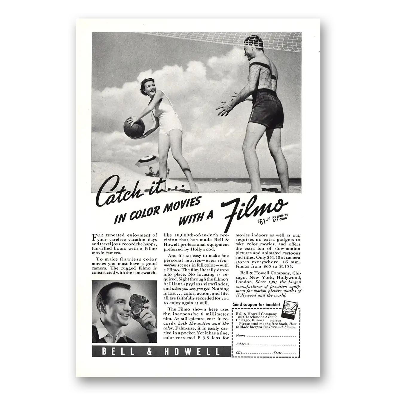 1938 Filmo Camera Catch It In Color Beach Vintage Magazine Print Ad