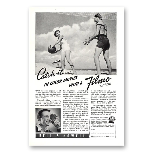 1938 Filmo Camera Catch It In Color Beach Vintage Magazine Print Ad