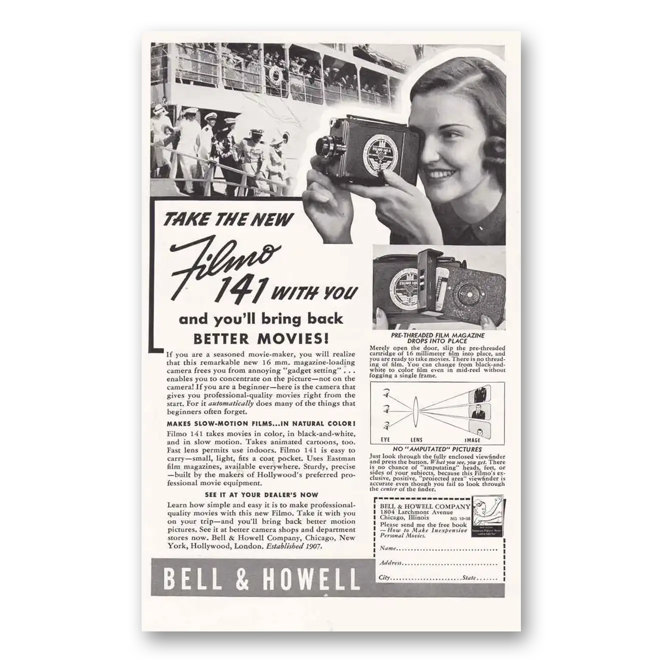 1938 Filmo Camera Take the New Filmo 141 With You Vintage Magazine Print Ad