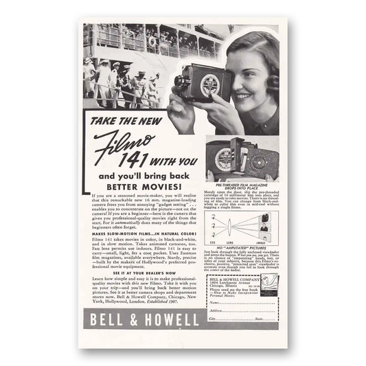 1938 Filmo Camera Take the New Filmo 141 With You Vintage Magazine Print Ad