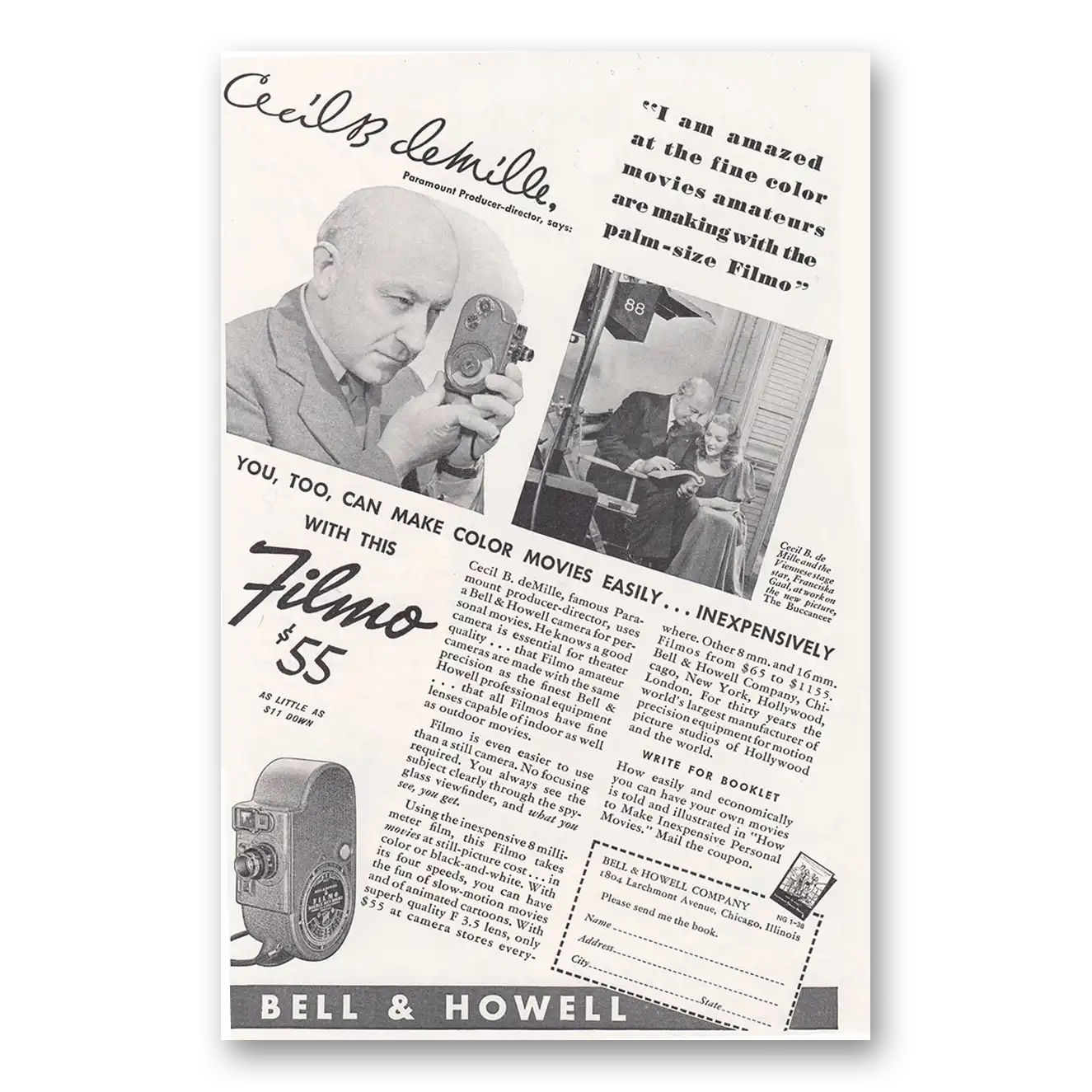 1938 Filmo Camera Cecil B DeMille Vintage Magazine Print Ad