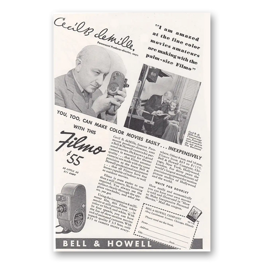 1938 Filmo Camera Cecil B DeMille Vintage Magazine Print Ad