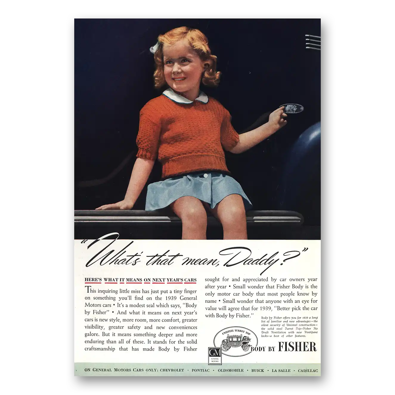 1938 Body by Fisher Whats That Mean Daddy Vintage Magazine Print Ad