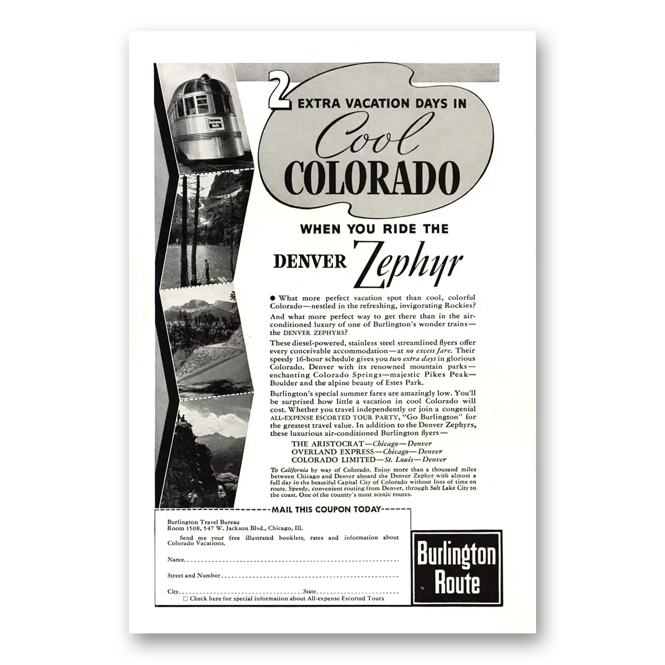 1938 Burlington Route Cool Colorado When You Ride the Denver Zephyr Vintage Magazine Print Ad