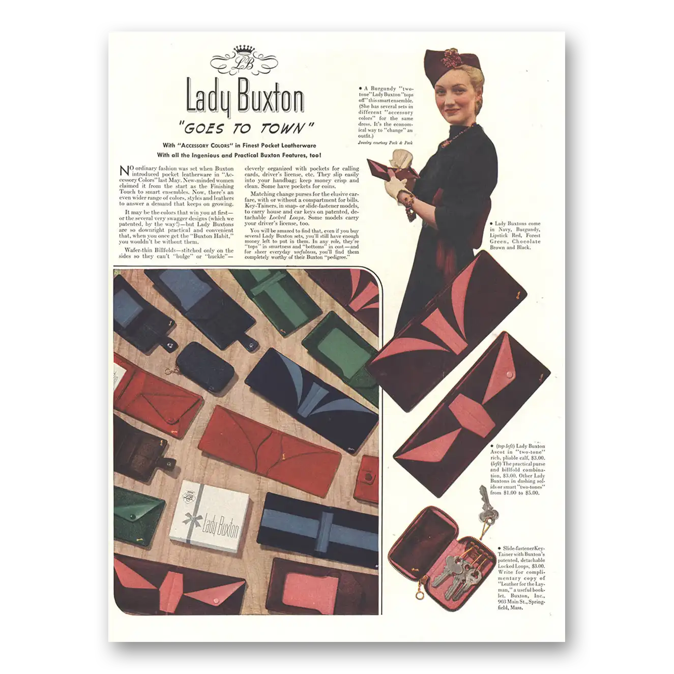 1938 Buxton Pocket Leatherware Lady Buxton Goes To Town Vintage Magazine Print Ad