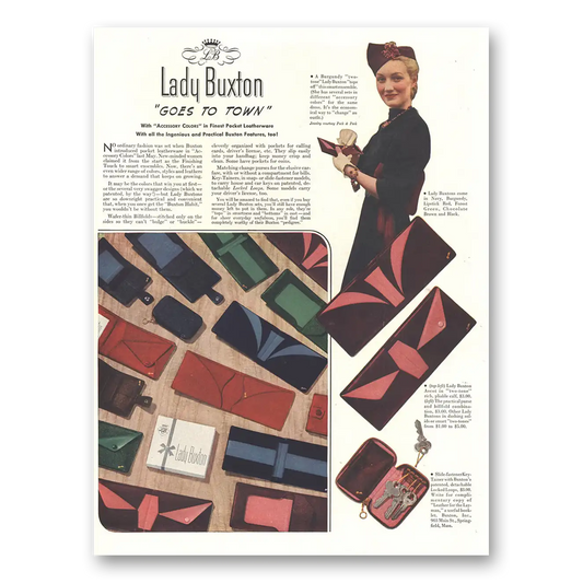 1938 Buxton Pocket Leatherware Lady Buxton Goes To Town Vintage Magazine Print Ad