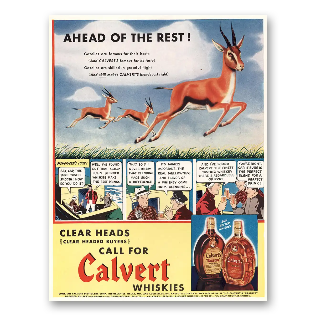 1938 Calvert Whiskey Ahead of the Rest Gazelles Vintage Magazine Print Ad