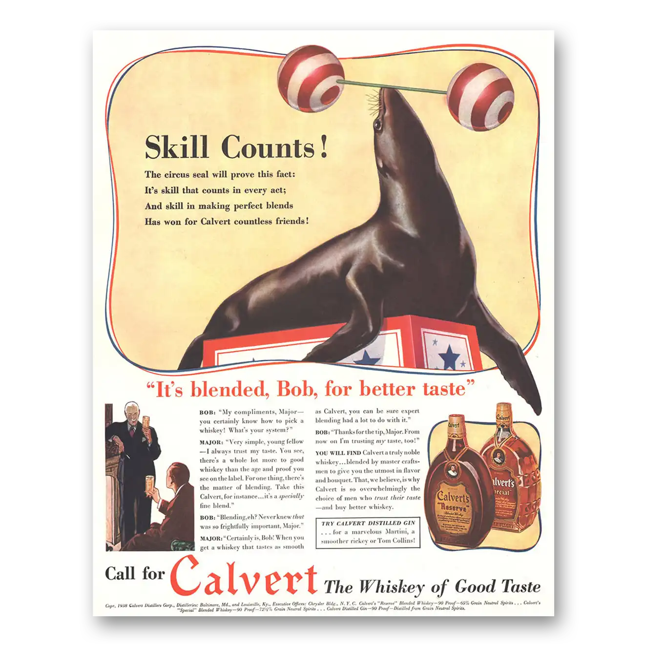 1938 Calvert Whiskey Skill Count The Circus Seal Vintage Magazine Print Ad