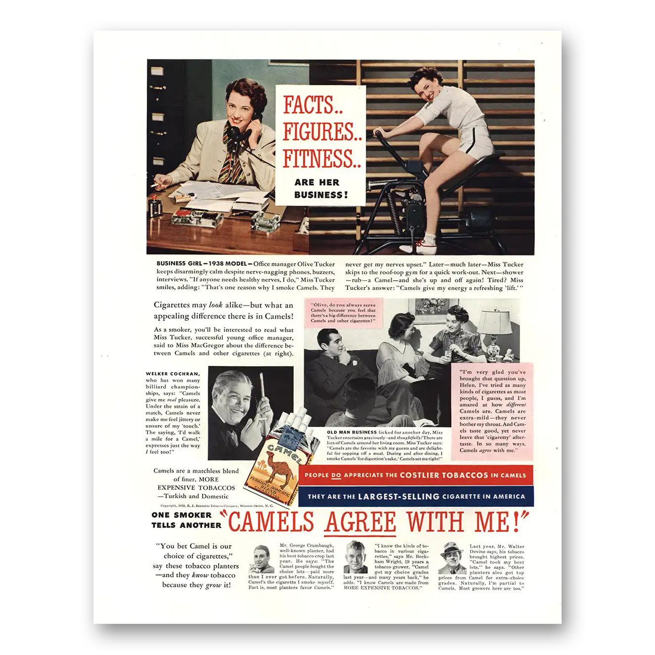 1938 Camel Cigarettes Facts Figures Fitness Business Girl Vintage Magazine Print Ad