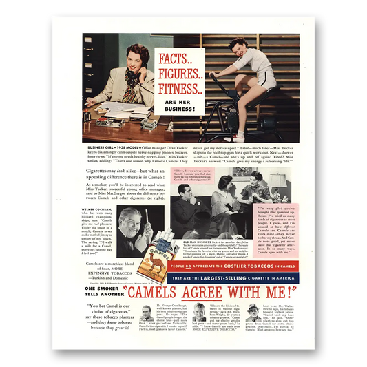 1938 Camel Cigarettes Facts Figures Fitness Business Girl Vintage Magazine Print Ad