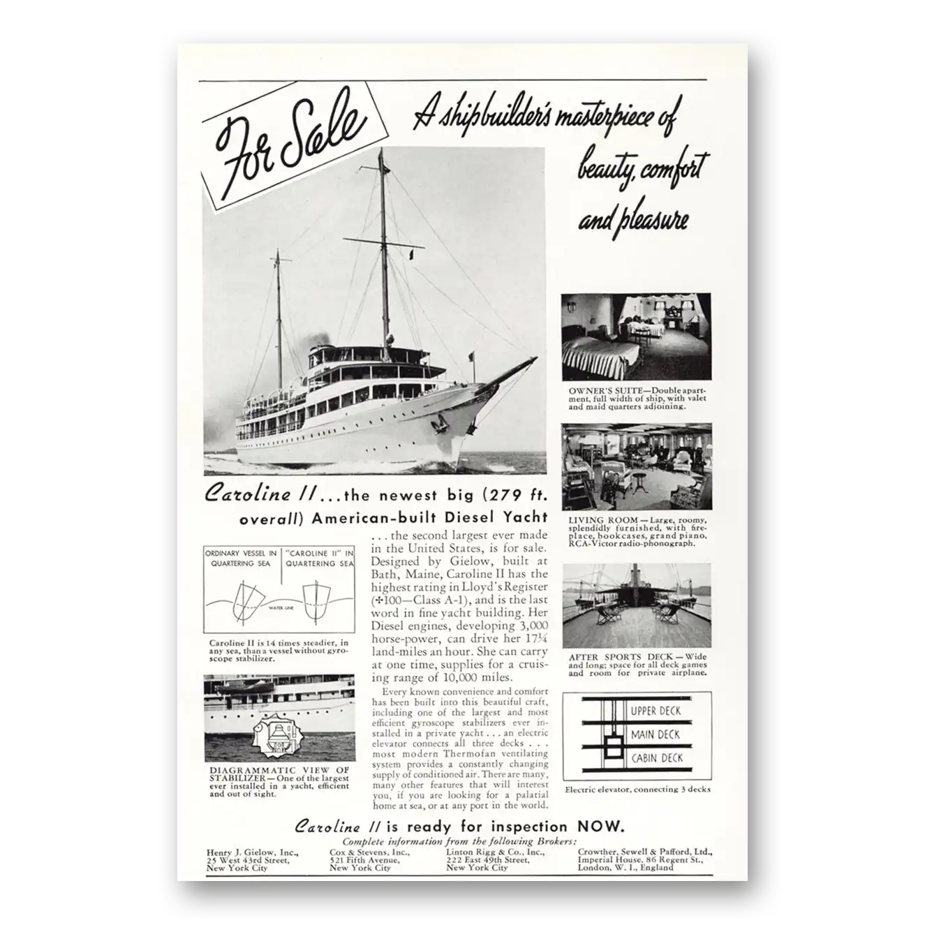 1938 Caroline II Yacht Shipbuilders Masterpiece of Beauty Vintage Magazine Print Ad