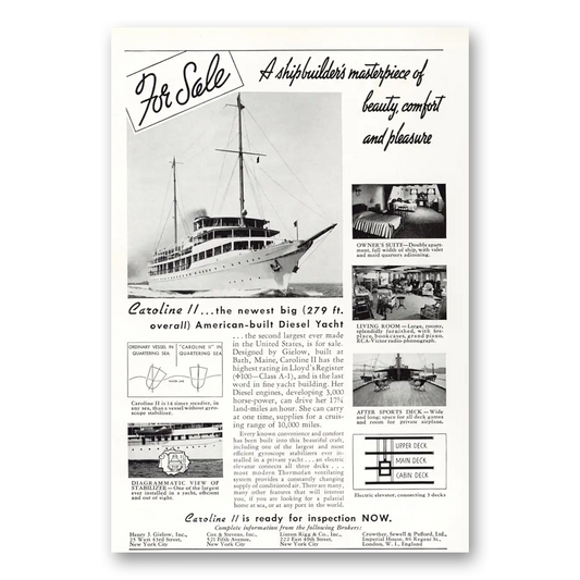 1938 Caroline II Yacht Shipbuilders Masterpiece of Beauty Vintage Magazine Print Ad