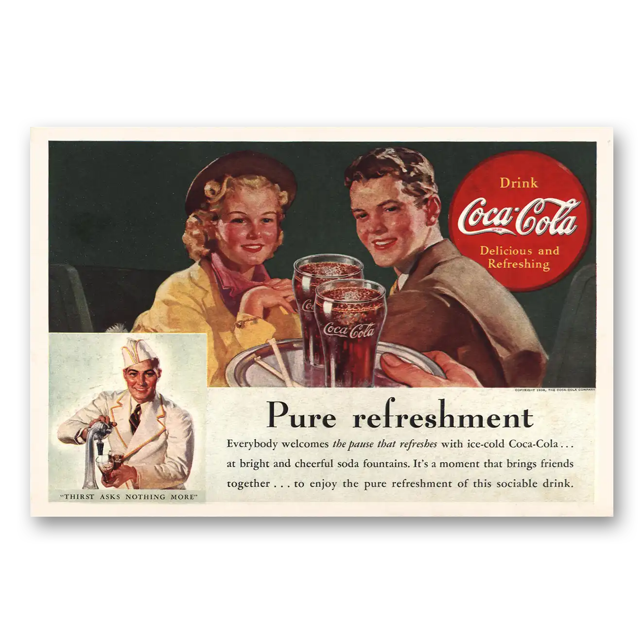 1938 Coca Cola Pure Refreshment Everybody Welcomes Vintage Magazine Print Ad