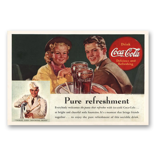 1938 Coca Cola Pure Refreshment Everybody Welcomes Vintage Magazine Print Ad