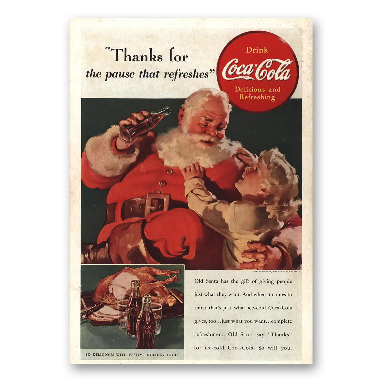 1938 Coca Cola Santa Claus Thanks for the Pause Vintage Magazine Print Ad