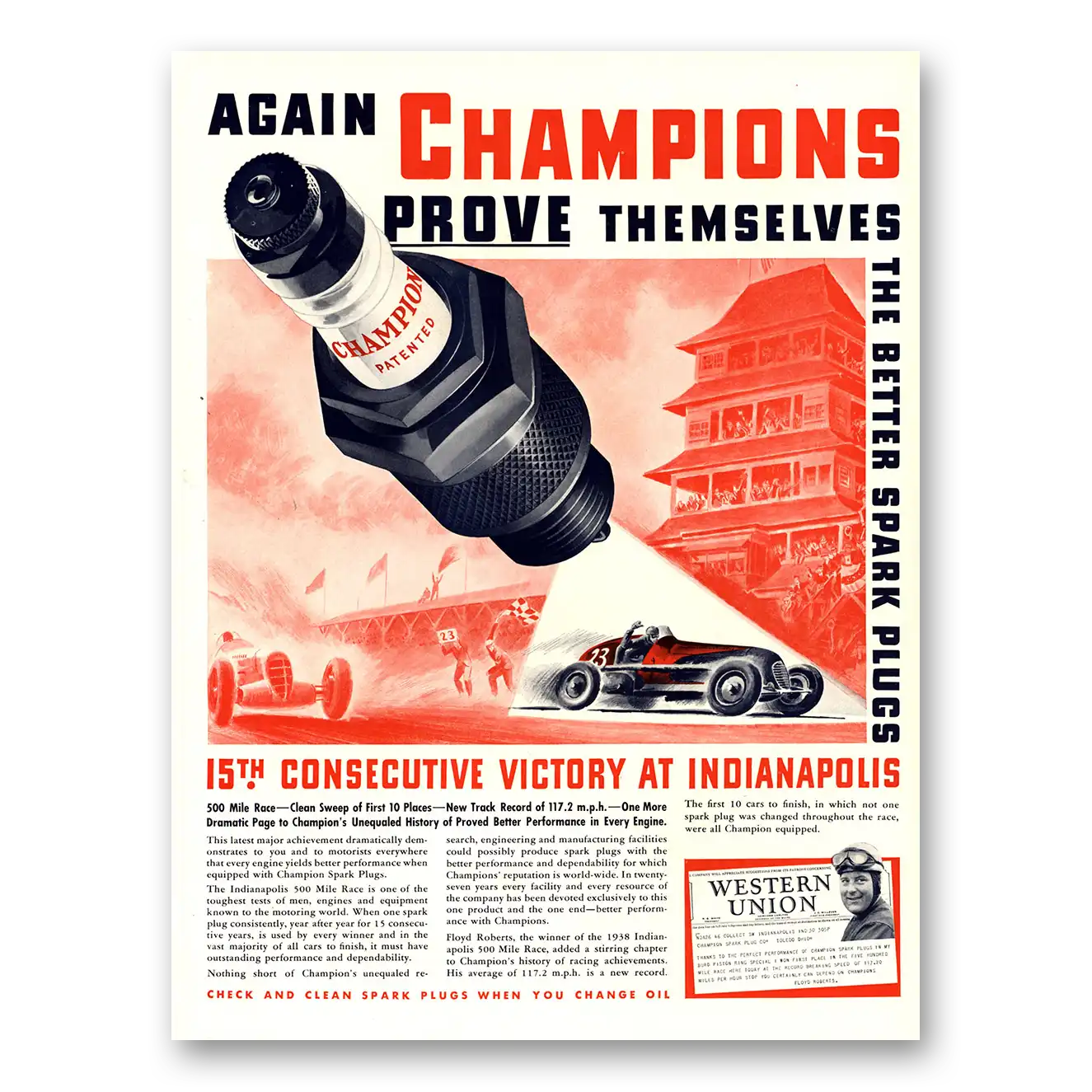 1938 Champion Spark Plugs Consecutive Victory at Indianapolis Vintage Magazine Print Ad