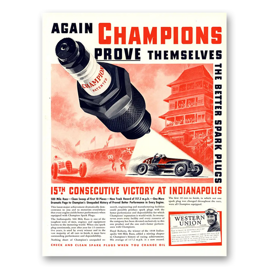 1938 Champion Spark Plugs Consecutive Victory at Indianapolis Vintage Magazine Print Ad