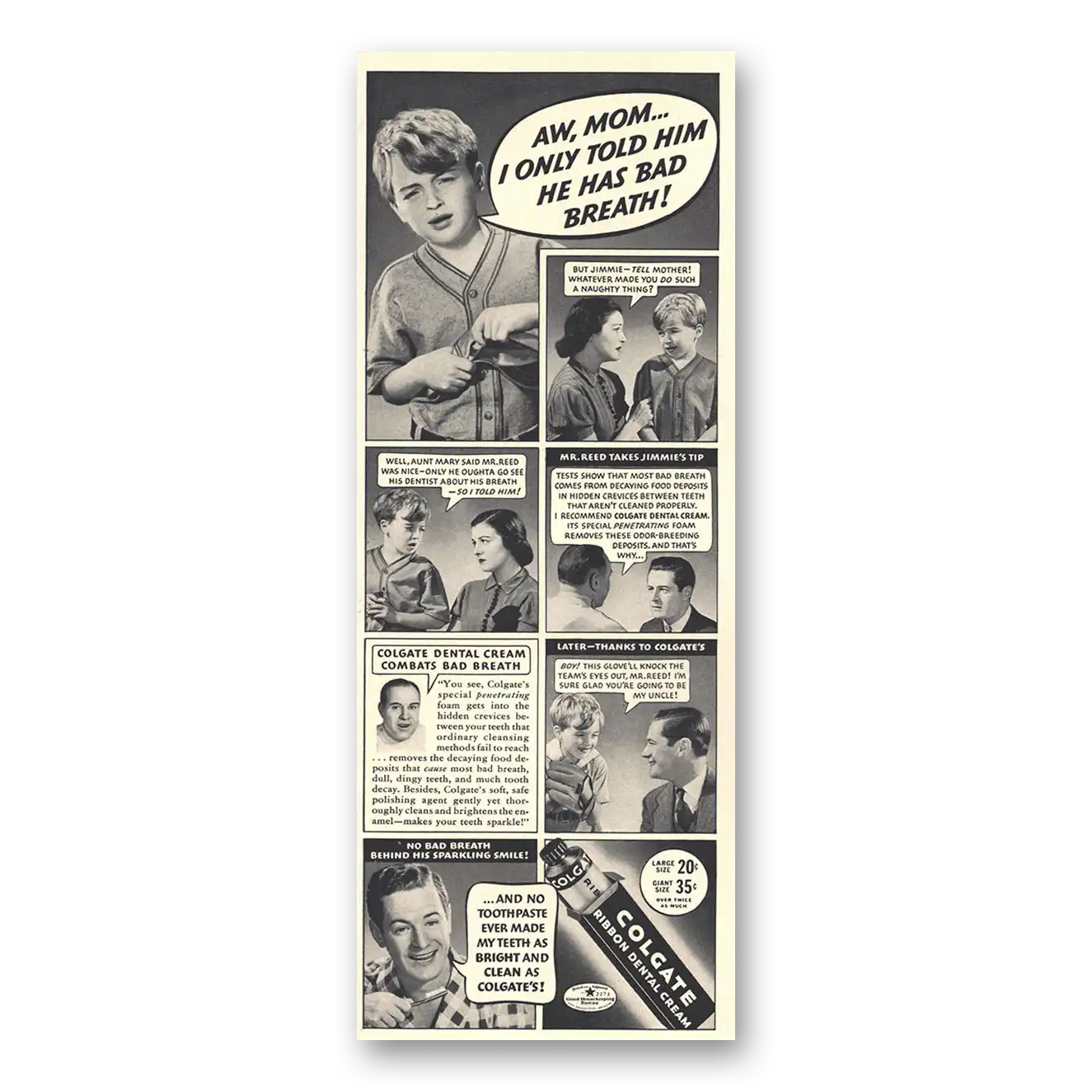 1938 Colgate Dental Cream Aw Mom I Only Told Him He Has Bad Breath Vintage Magazine Print Ad