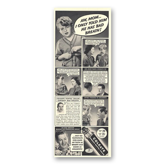 1938 Colgate Dental Cream Aw Mom I Only Told Him He Has Bad Breath Vintage Magazine Print Ad