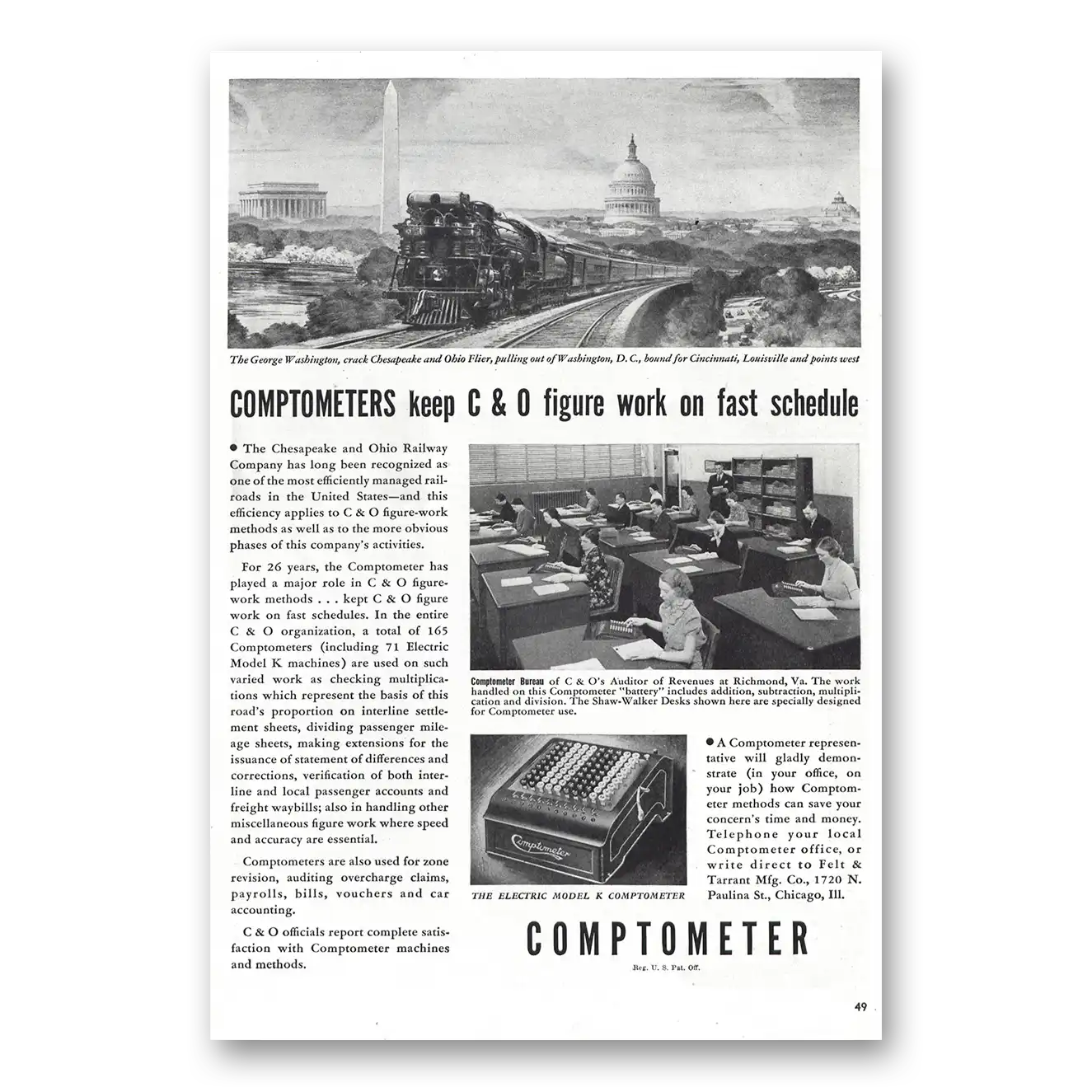 1938 Comptometer George Washington Chesapeake Ohio Railway Vintage Magazine Print Ad