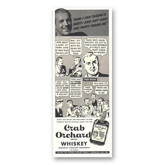 1938 Crab Orchard Whiskey How Can I Throw a Party Vintage Magazine Print Ad