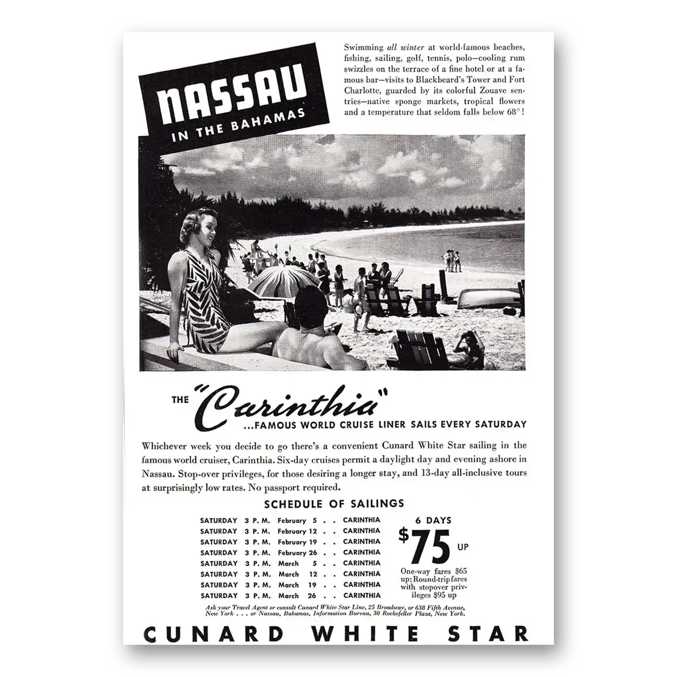 1938 Cunard Carinthia Cunard White Star Nassau Vintage Magazine Print Ad