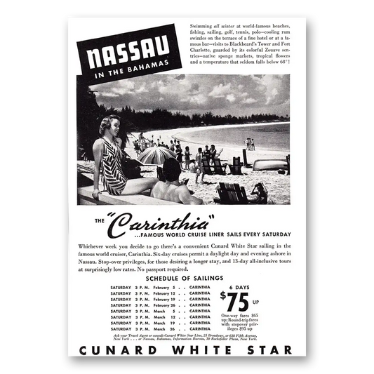 1938 Cunard Carinthia Cunard White Star Nassau Vintage Magazine Print Ad