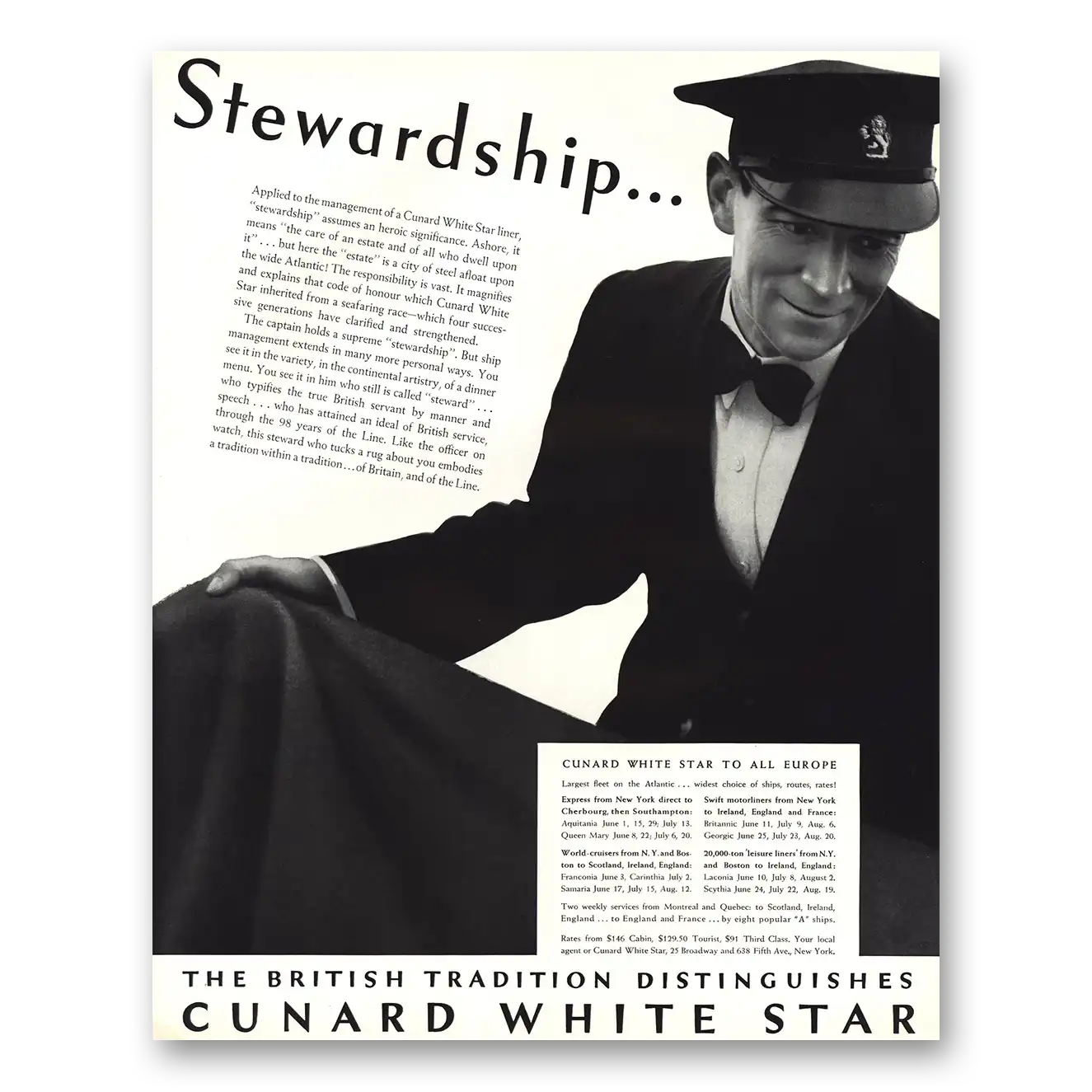 1938 Cunard White Star Stewardship Vintage Magazine Print Ad