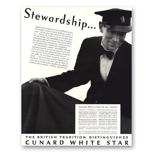 1938 Cunard White Star Stewardship Vintage Magazine Print Ad