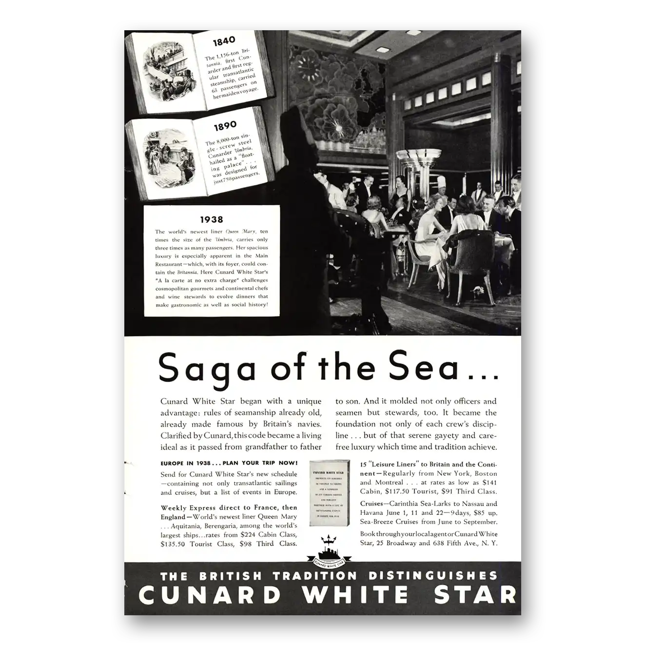 1938 Cunard White Star Saga of the Sea Vintage Magazine Print Ad